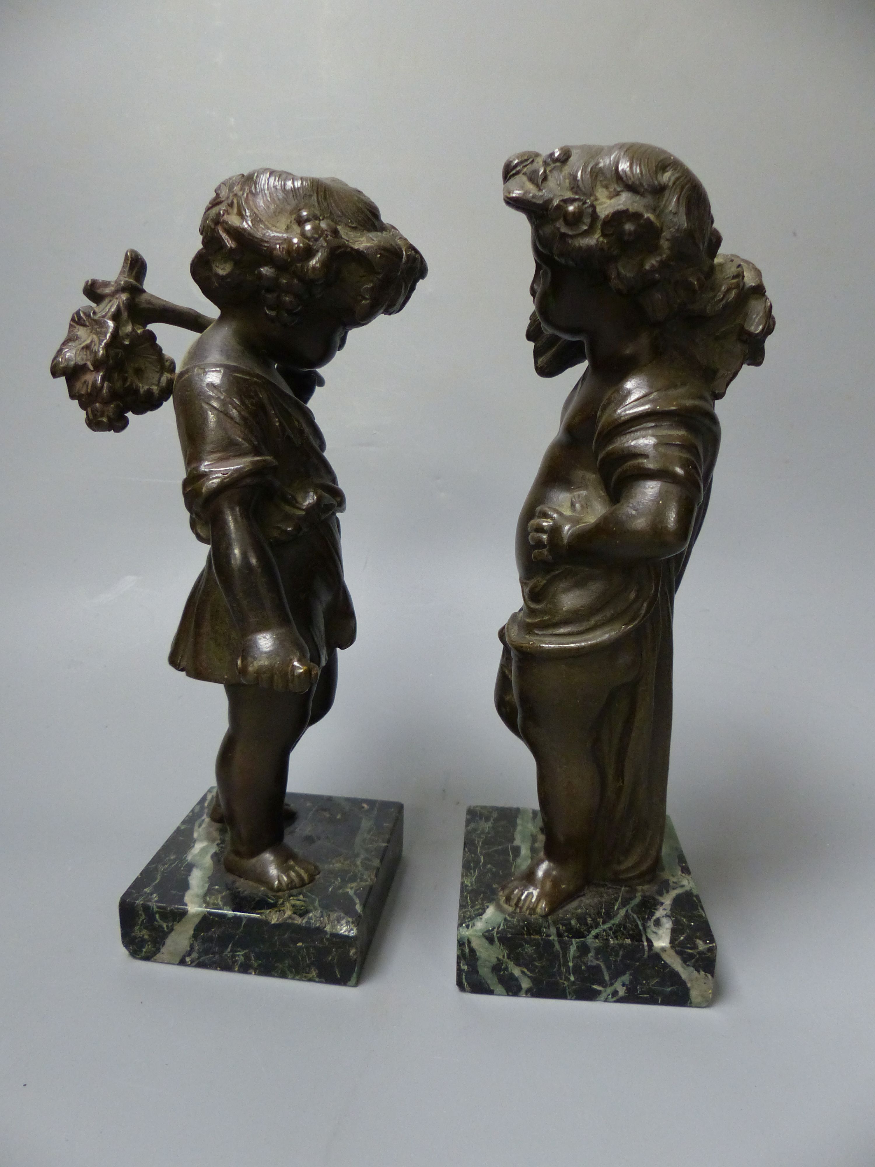 A pair of 19th century bronze figures emblematic of Summer & Autumn, on marble bases, overall 21cm